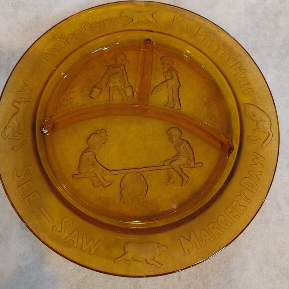 1970s Vintage Amber Indiana Glass Child’s Nursery Rhyme Plate - Picture 1 of 7